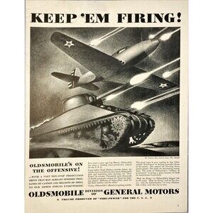 Oldsmobile Division of GM "Keep 'Em Firing"Illustration Military Vehicles Ad '42